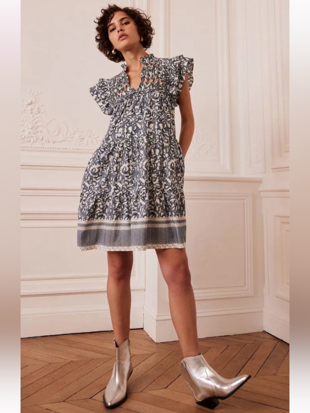 MINT VELVET Ruffle Sleeve Mini Smock Dress